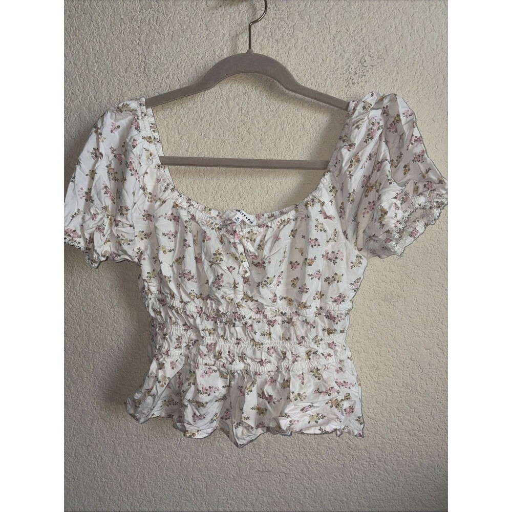 Womens Smocked Babydoll Crop Top Floral Puff Fairy Coquette Cottage Dainty M